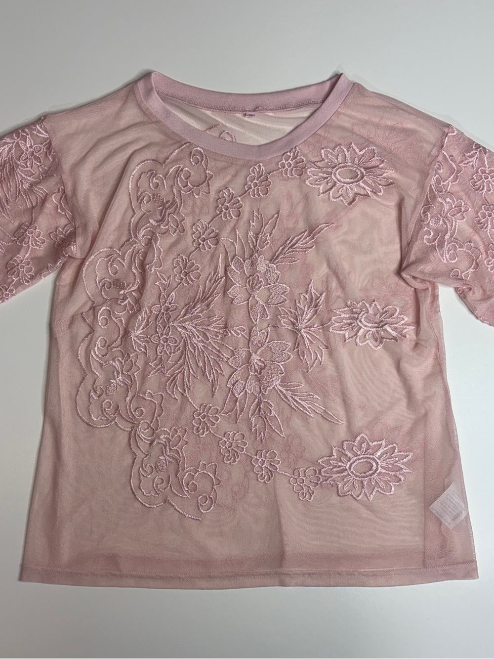 Pink Embroidered Mesh Floral Top Sheer Fairycore Cottagecore XL